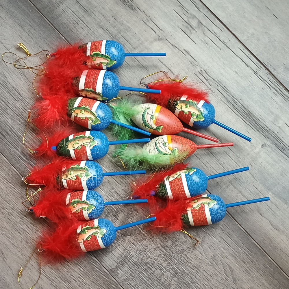 Vibrant Feathered Wooden Fishing Bobbers Christmas Tree Ornaments Set Of 12